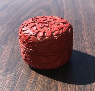 Vintage Chinese Red Cinnabar Intricately Carved Trinket Box Blue Enamel