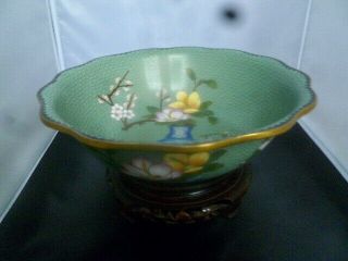 Mid - Century Chinese Cloisonné Bowl 10.  25 ",  Carved Wood Stand,  Traditional Motif