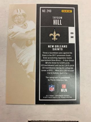 Taysom Hill 2017 Panini Contenders 249 Saints RC Rookie Ticket Auto Autograph 3
