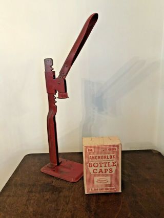 Vintage Red Industrial Bottle Capper Home Decor & One Gross Of Caps Nos