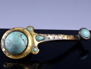 Veryrare 200bc Chinese Warring States Gold Gilt Bronze Turquoise Stone Belt Hook