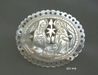 Vintage Jerusalem Carved Mother Of Pearl Nativity Scene Mop Brooch Pin