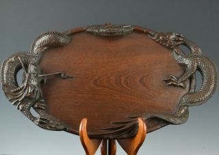 Great Large Antique Chinese Japanese Wood Dragon Figural Serving Platter Tray