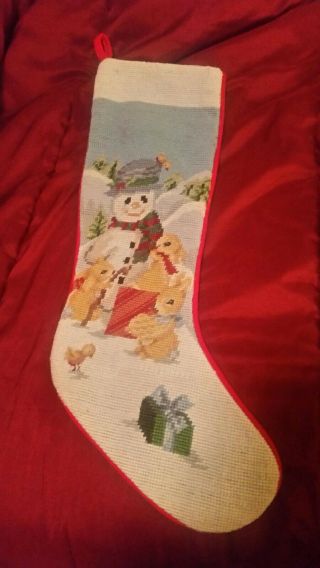Vintage Wool Needlepoint Christmas Stocking Snowman And Wildlife Large 19 "