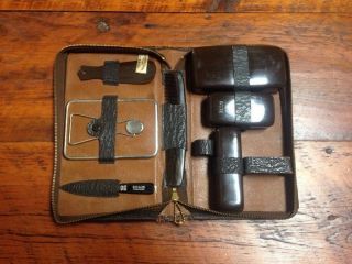 Vintage Black Cowhide Leather Mens Travel Shaving Grooming Dopp Kit Accessories