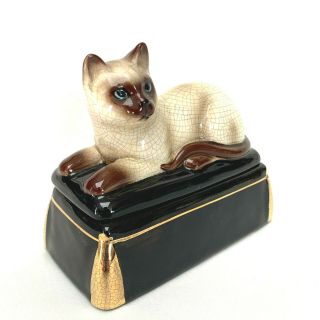 Vintage Takahashi Siamese Cat Porcelain Trinket Box Jar Jewelry