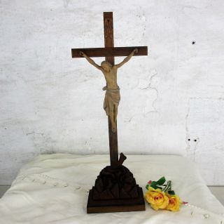 L Antique Hand Carved Wooden Standing Crucifix Corpus Golgotha Snake Htf 19.  68 "