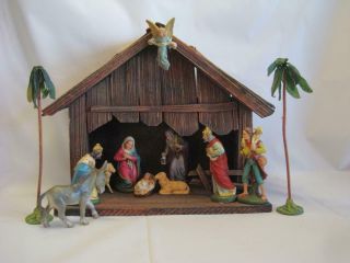 Vintage Nativity Set W Chalkware Figures West Germany Large Manger
