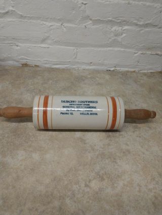 Antique Western Stoneware Advertising Rolling Pin,  Buscho Brothers,  Wells Minn