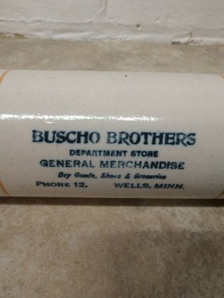 Antique Western Stoneware Advertising Rolling Pin,  Buscho Brothers,  Wells Minn 2