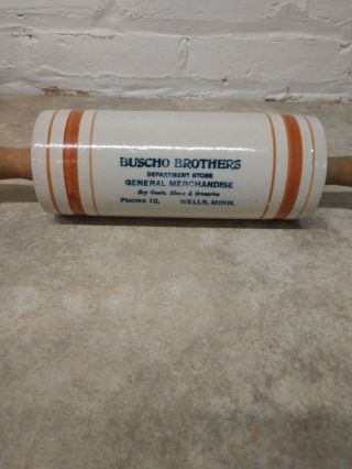 Antique Western Stoneware Advertising Rolling Pin,  Buscho Brothers,  Wells Minn 3