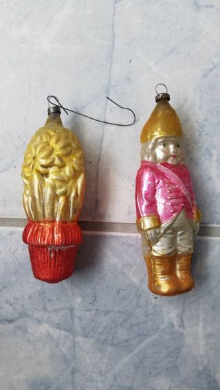 2 Antique German ? Glass Figural Christmas Ornaments Soldier & Potted Flowers