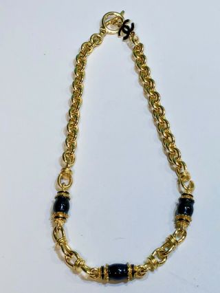 Vintage Chanel Gold Tone Necklace With Black Enamel Beads