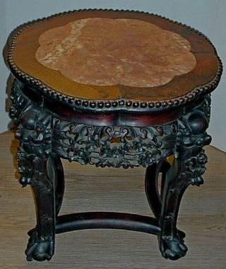 Antique Chinese Carved Wood Plant Stand / Side Table With Inset Rouge Marble Top