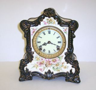 Antique Ansonia Royal Bonn Mantel Clock,  Black W/floral Design,  12 " X 10 " X 5 "