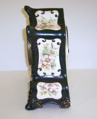 Antique Ansonia Royal Bonn Mantel Clock,  Black w/Floral design,  12 