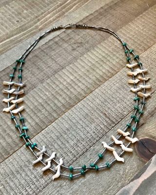 Vintage Liquid Silver Fetish Bird Necklace Shell Turquoise Double Strand 23 Inch