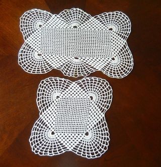 Two Vintage Off White Cotton Doilies Hand Crocheted Lace 18 " X 11 " & 12 " X 12 "