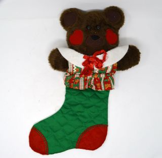 Vintage Plush Teddy Bear Green Red Quilted Christmas Stocking