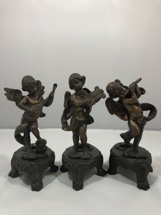 Antique 19th Century Set Of Three French Bronze Inkwell With Musical Cherubs