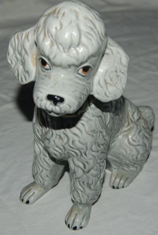 Vintage Ceramic Sitting Gray Poodle Dog Figurine Stamped G Japan Yellow Collar