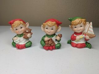 Vintage Homco Set Of Three Ceramic Christmas Elf Figurines - Made In Taiwan