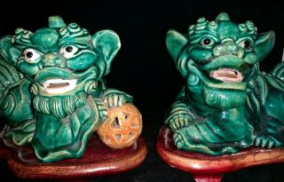 Estate Old House Chinese Antique Green Glazed Pottery Foo Dog Statue Pair