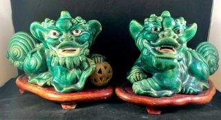 Estate Old House Chinese Antique Green Glazed Pottery Foo Dog Statue Pair 2