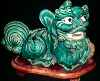 Estate Old House Chinese Antique Green Glazed Pottery Foo Dog Statue Pair 3