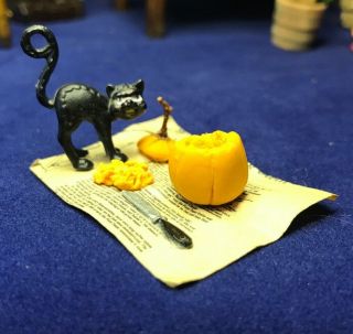 Vintage Dollhouse Miniature Artisan Halloween Pumpkin Carving W Cat.  716