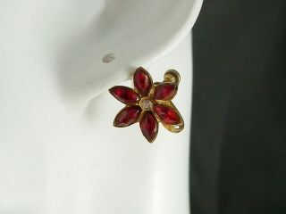 Vintage 1940s Signed Sterling Art Deco Red Rhinestone Flower Earrings 836c