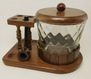 Vintage Wooden Rack Stand Holder With Glass Jar For 4 Tobacco Smoking Pipes