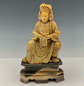 Chinese Carved Soapstone Figure God Of Wealth On Pedestal,  19th C