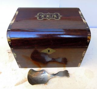 Victorian Rosewood Inlaid Tea Caddy With Key And Spoon