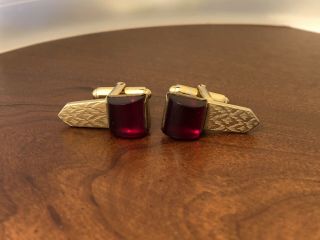 Vintage Anson Art Deco Cufflinks Gold Tone Cuff Links With Red Stones