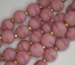 Vintage Miriam Haskell Gilt Brass Multi Strand Rose Pink Art Glass Bead Necklace