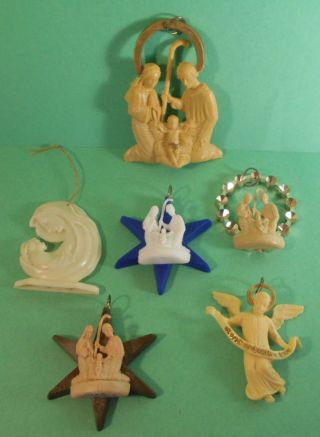 Vtg Hard Plastic Set Religious Ornament Set - Christmas - Mary - Jesus - Joseph - Angel