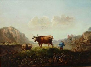 Fine 17th Century Flemish Landscape Cattle Sheep & Drover Antique Oil Painting