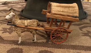 Antique German Christmas Putz Wool Sheep Ram With Cart
