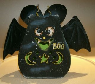 Vintage Halloween Folk Art Whimsical Tin Bat Candle Holder Lantern 7 1/2 " Tx10 " L