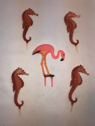 Vtg 5pc Hard Plastic Pink Flamingo Seahorse Beach Cake Decorations Shell Craft