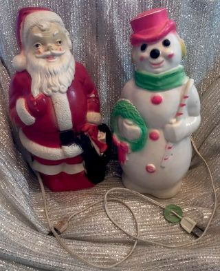 2 Vintage Empire Plastic Corp 1968 Blow Mold Santa & Pink Snowman 13 " W/ Cords