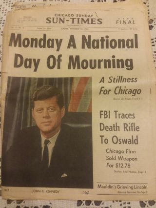 Jfk Day Of Mourning November 24,  1963 Newspaper Chicago Sun - Times Vintage Ads