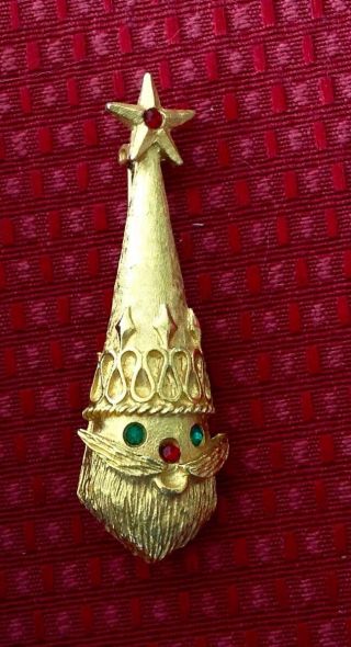 Mylu Santa Claus Rhinestone Mcm Xmas Vintage Brooch Pin Figural Gold Tone Fun