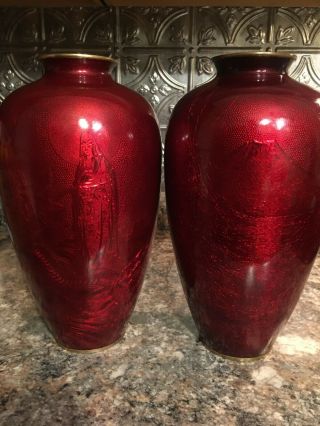 12 1/2 Inch Antique Japanese " Pigeon Blood " Cloisonne Enamel Vases
