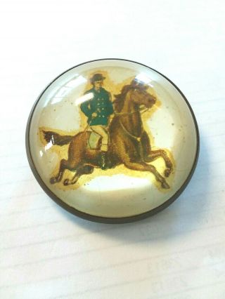 Large Antique Vintage Horse & Rider Bridle Pin Round Glass Brooch 1 5/8 "