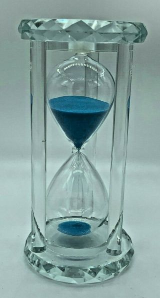 Vintage Crystal Glass Hourglass Blue Sand Timer,  Clear Large Hourglass 6.  5 " Tall