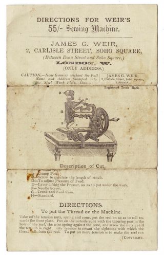 1870’s Weir England Raymond sewing machine instruction leaflet 2
