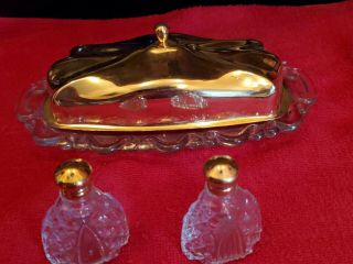 Vintage Butter Dish Salt & Pepper Rectangular Gold Electro Plated Covers.