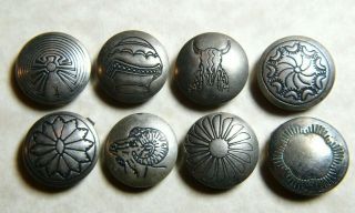Vtg 8 Navajo Sterling Silver Button Covers Interesting Stamped Pictures Alien ?